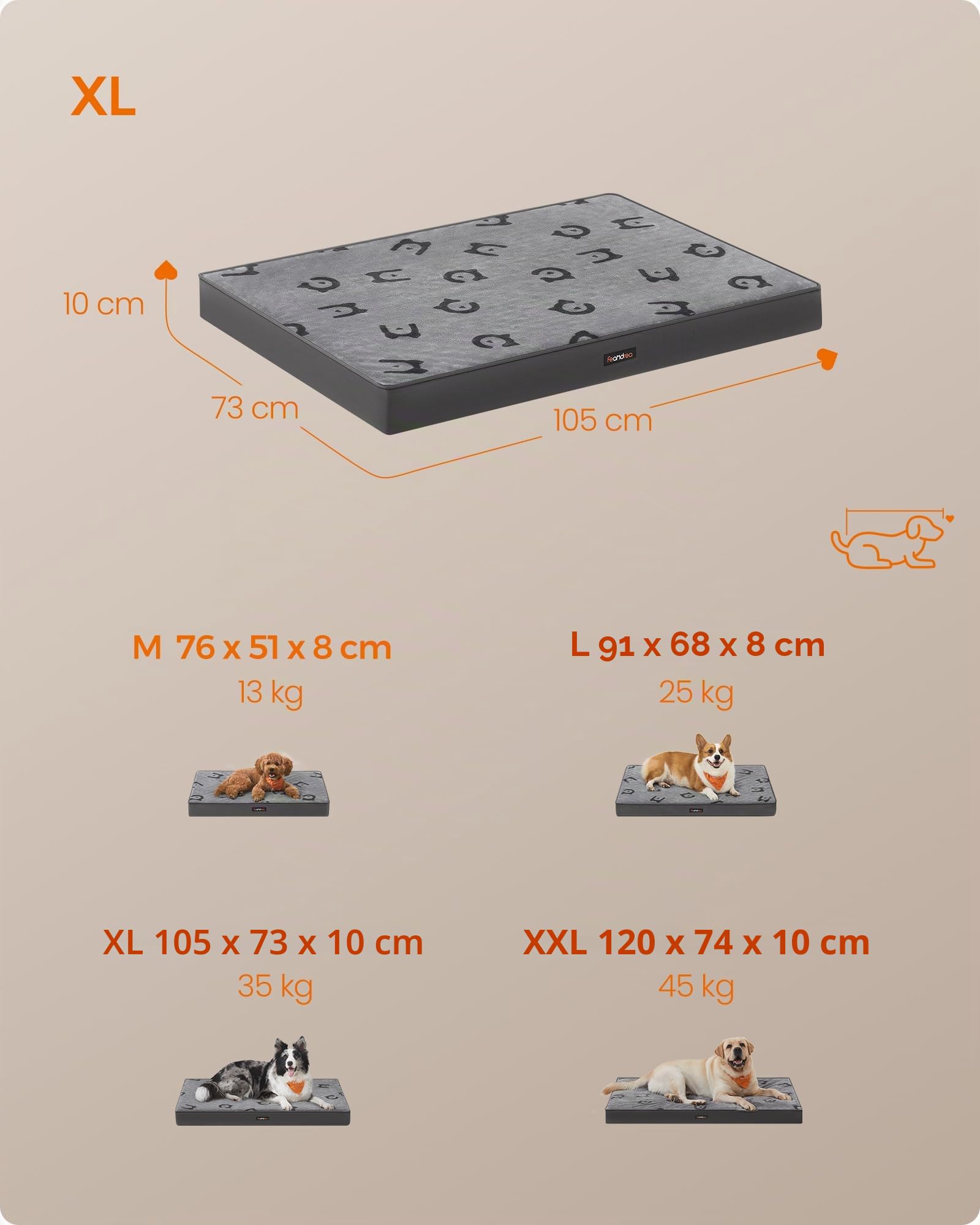 Feandrea Cama para Perros, Cama para Mascotas, Espuma Corrugada Preformada, con Asa, Extraíble, Doble Cara, Impermeable, Talla XL, 105 x 73 x 10 cm, Gris Paloma PGW243G01