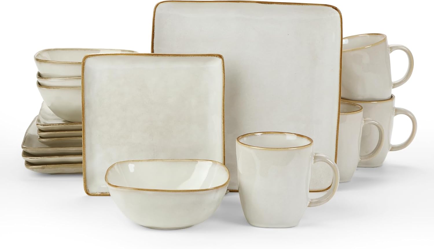 Famiware Ocean Square Plates and Bowls Sets for Kitchen, 16-Piece Dinnerware Sets for 4, Mug Set for 4, Cappuccino White