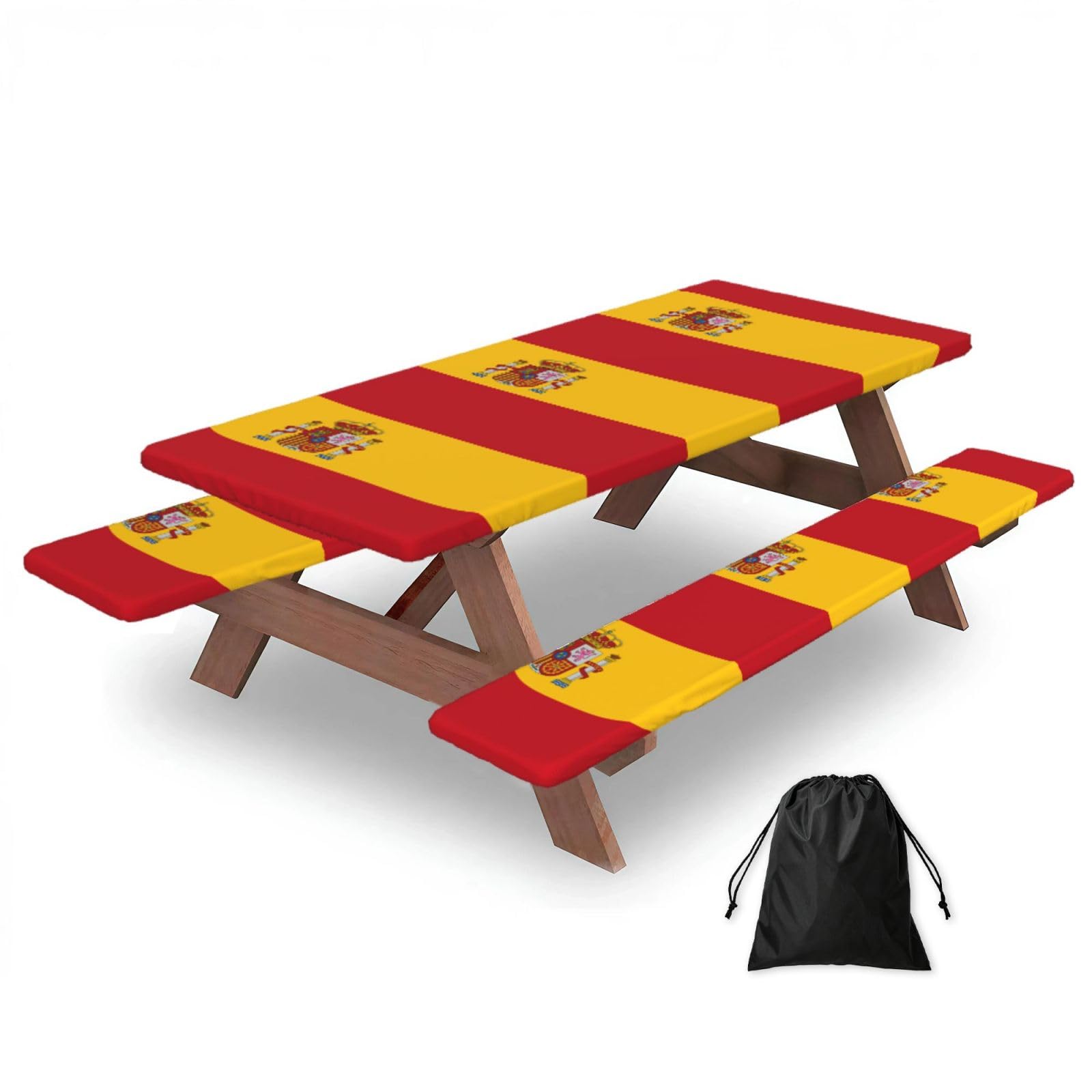 Hhbiuuo Black 72In Camping Table Cover & Bench Covers 3-Pack Set, Spanish Flag Print Tablecloths, For Rectangle Tables Picnic