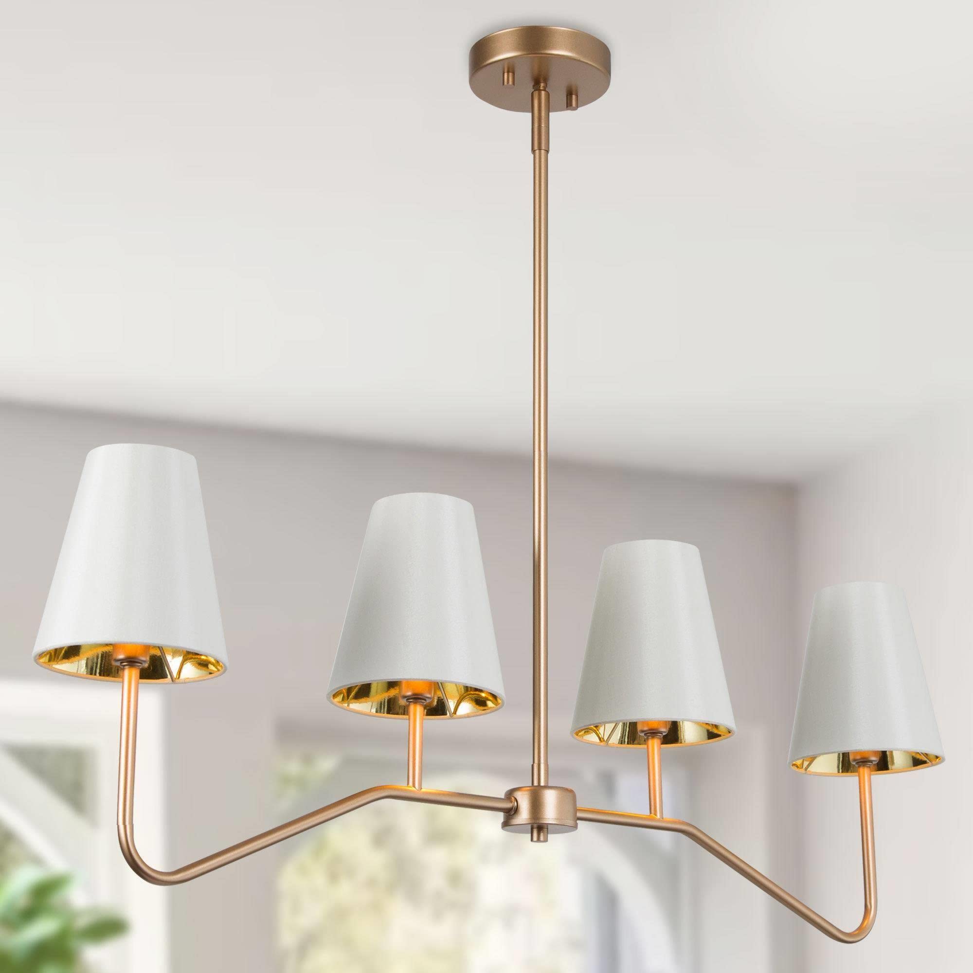 Gold Chandelier Light Fixture, 4-Light Linear Kitchen Pendant Lighting Over Island, Modern Chandeliers with White Fabric Shade for Dining Room, Pool Table