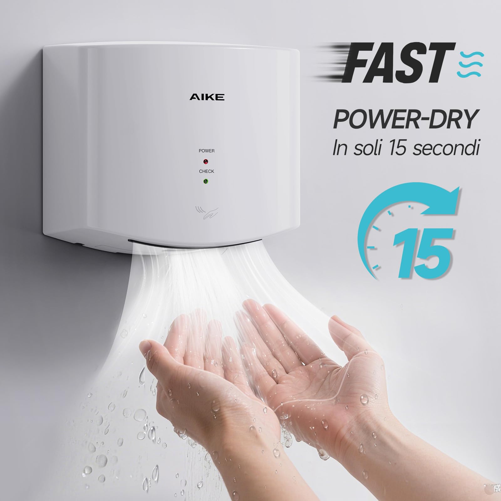 AIKE Air Wiper Asciugamani Compatto, Asciugatura ad Alta velocità, 1400W 220V, Collega e USA, Senza Carta e Senza Contatto per Bagni Pubblici, AK2630S (Bianco)