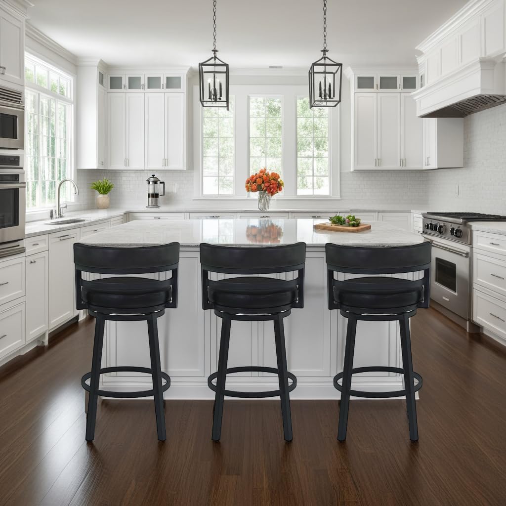 Armen Living Titana 26" Counter Height Metal Swivel Barstool in Ford Black Faux Leather and Black Finish
