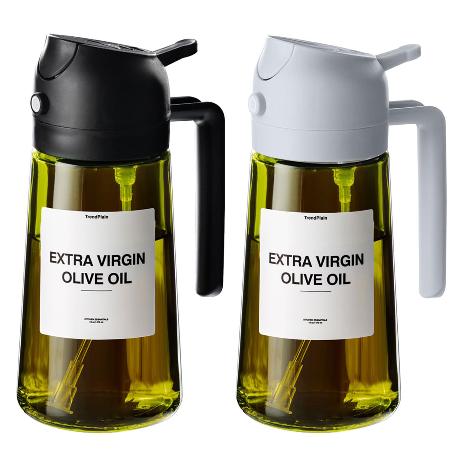 TrendPlain - Original 16oz/470ml Olive Oil Dispenser Bottle for Kitchen Gadgets and Air Fryer Accessories - Olive Oil Sprayer for Cooking w/Stickers - Black&Ash