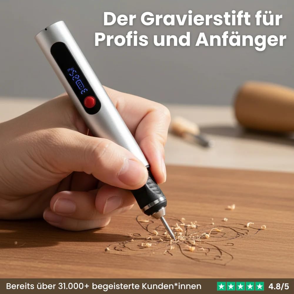 WerkStift PRO Ultimativer kabelloser tragbarer Gravierstift für Künstler, Heimwerker - über 50 Oberflächen gravierbar, anfängerfreundlich, wiederaufladbar, 30 Bits inklusive