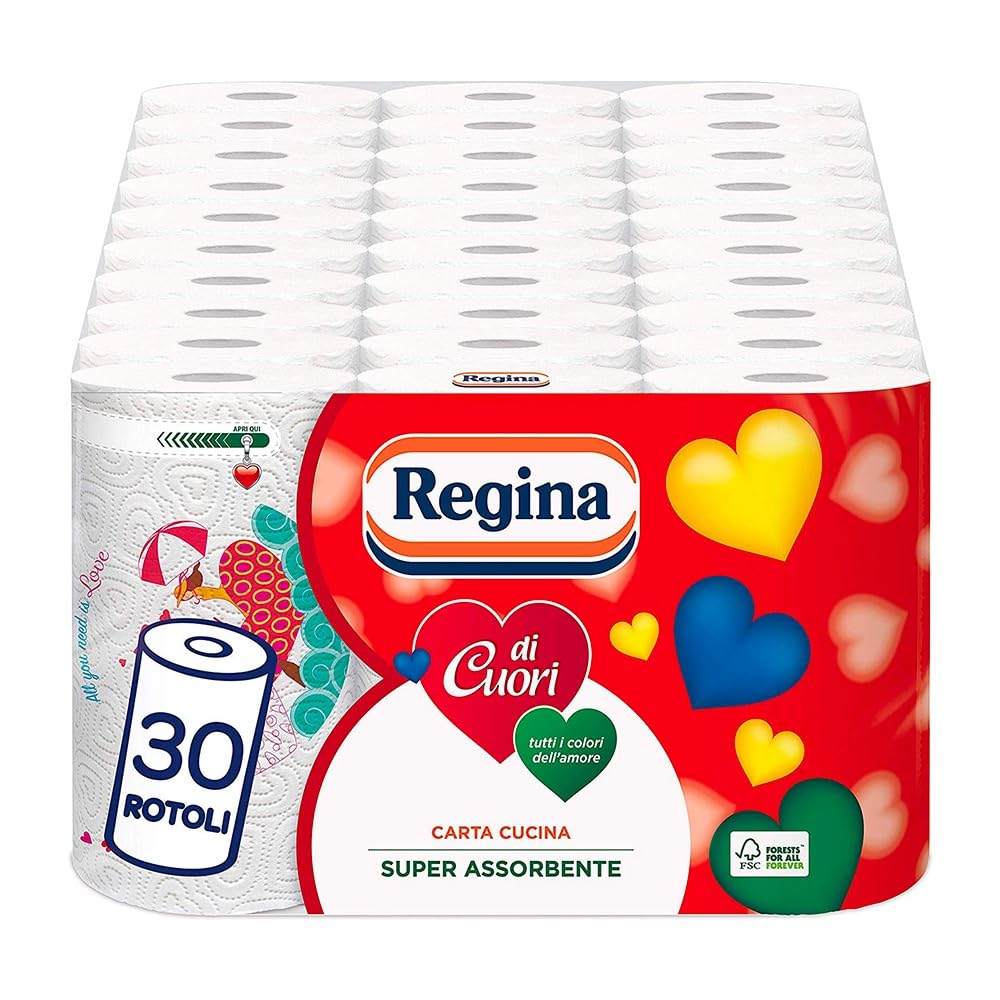 Regina di Cuori Carta Cucina | Confezione da 30 Rotoli a 2 veli | 50 fogli per rotolo | Grande Assorbenza, Spessa e Resistente | Carta 100% certificata FSC® 1 unità (Confezione da 30)