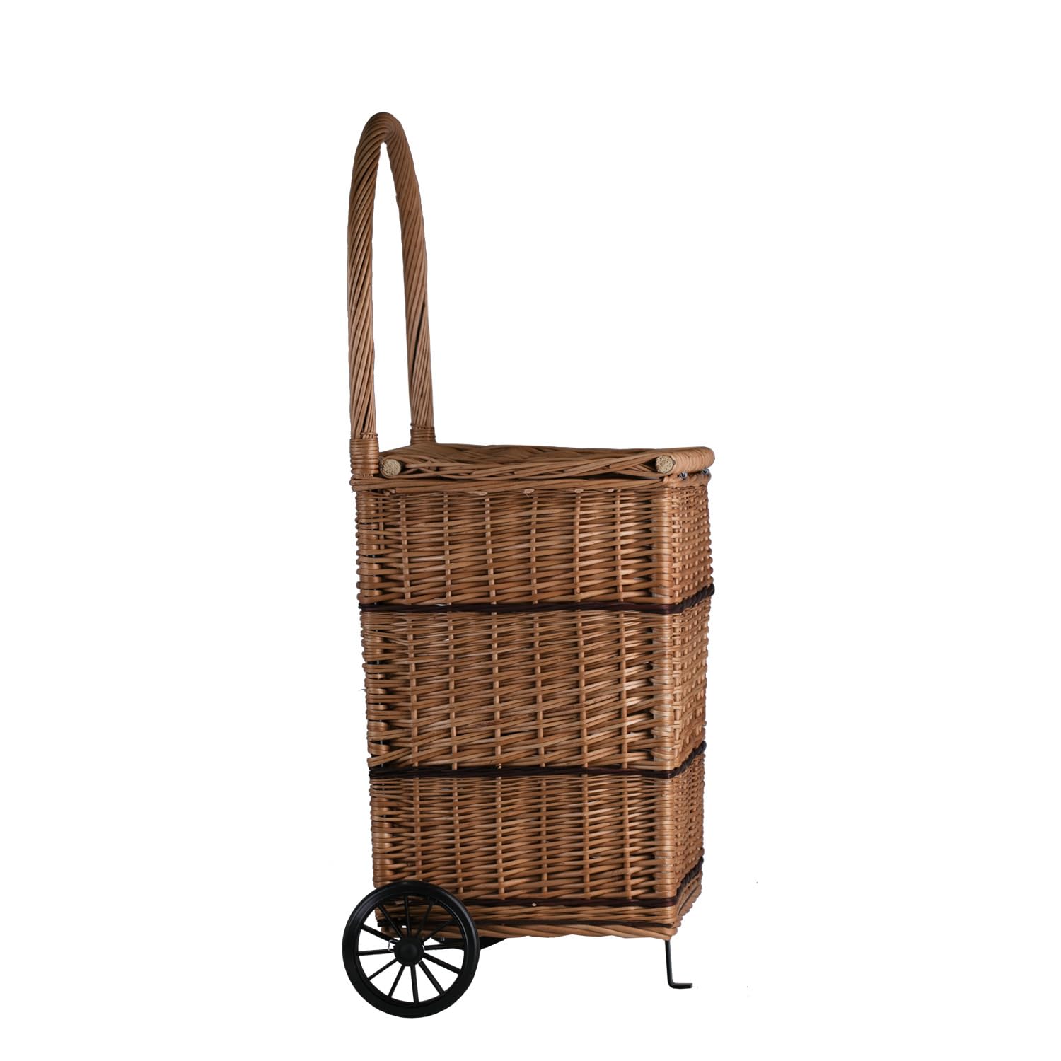 Carro de compras, cesta de troncos, carro de mercado, soporte de mimbre, carrito de compras, carrito de compras de mimbre con ruedas (Rectangular con tapa)
