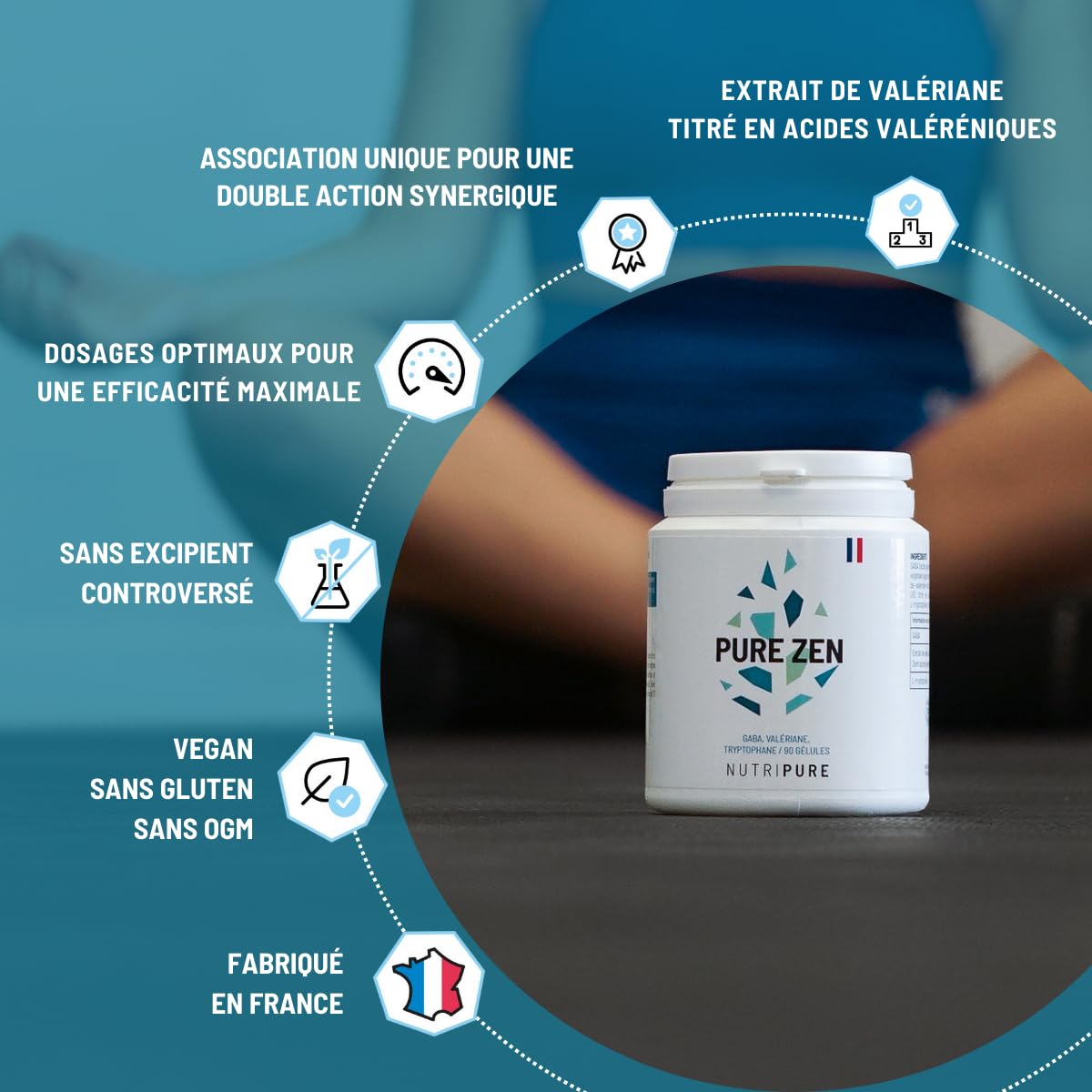 Nutripure | Pure Zen | Complément Alimentaire Anti Stress et Anxiété | Améliore la qualité du Sommeil et Favorise la Relaxation | GABA, Valériane, L-Tryptophane | 90 Gélules | 1 Mois | Made in France