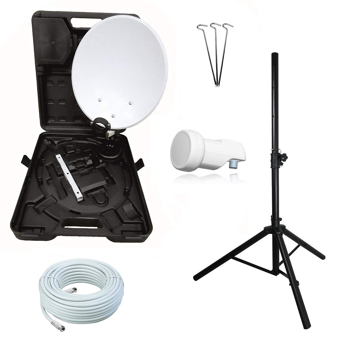 Camping SAT Koffer Schüssel mit HD Single LNB und 10m Kabel + Dreibein Stativ bis 100cm (Mobile Sat Anlage 1 Teilnehmer) Set