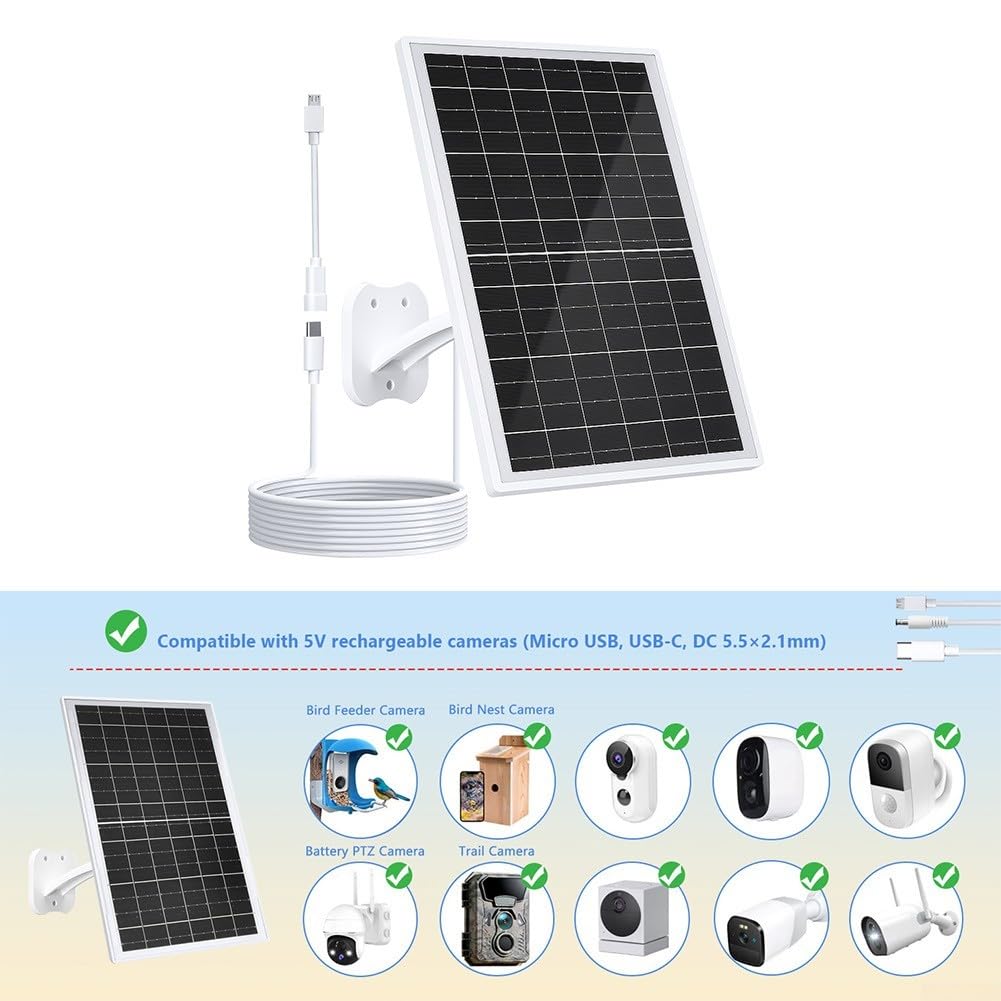 13W Solar-Ladegerät für Überwachungskameras, IP68 wasserdichtes Außenpanel mit USB-C/Micro-USB/DC-Anschlüssen, 360° verstellbare Halterung, 2,2 m Kabel