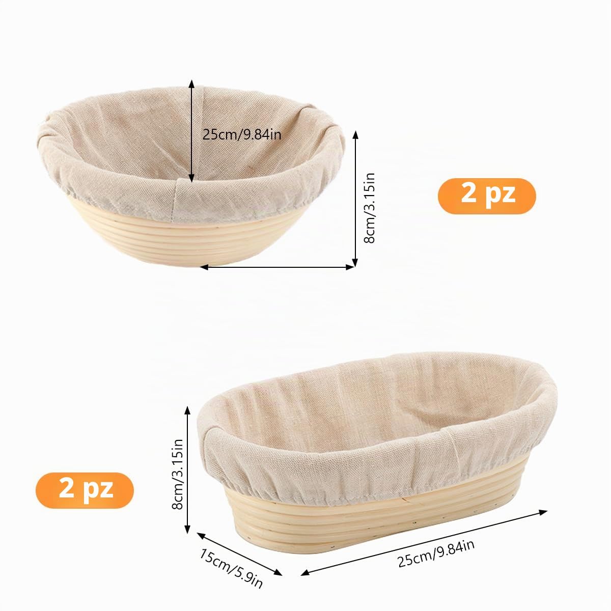 4 Pezzi Cestino da Lievitazione, 25 cm Cestino Rotondo da Lievitazione, Cesto in Rattan Naturale con Tela di Lino, Cestino per La Fermentazione, Accessori per Cottura Del Pane