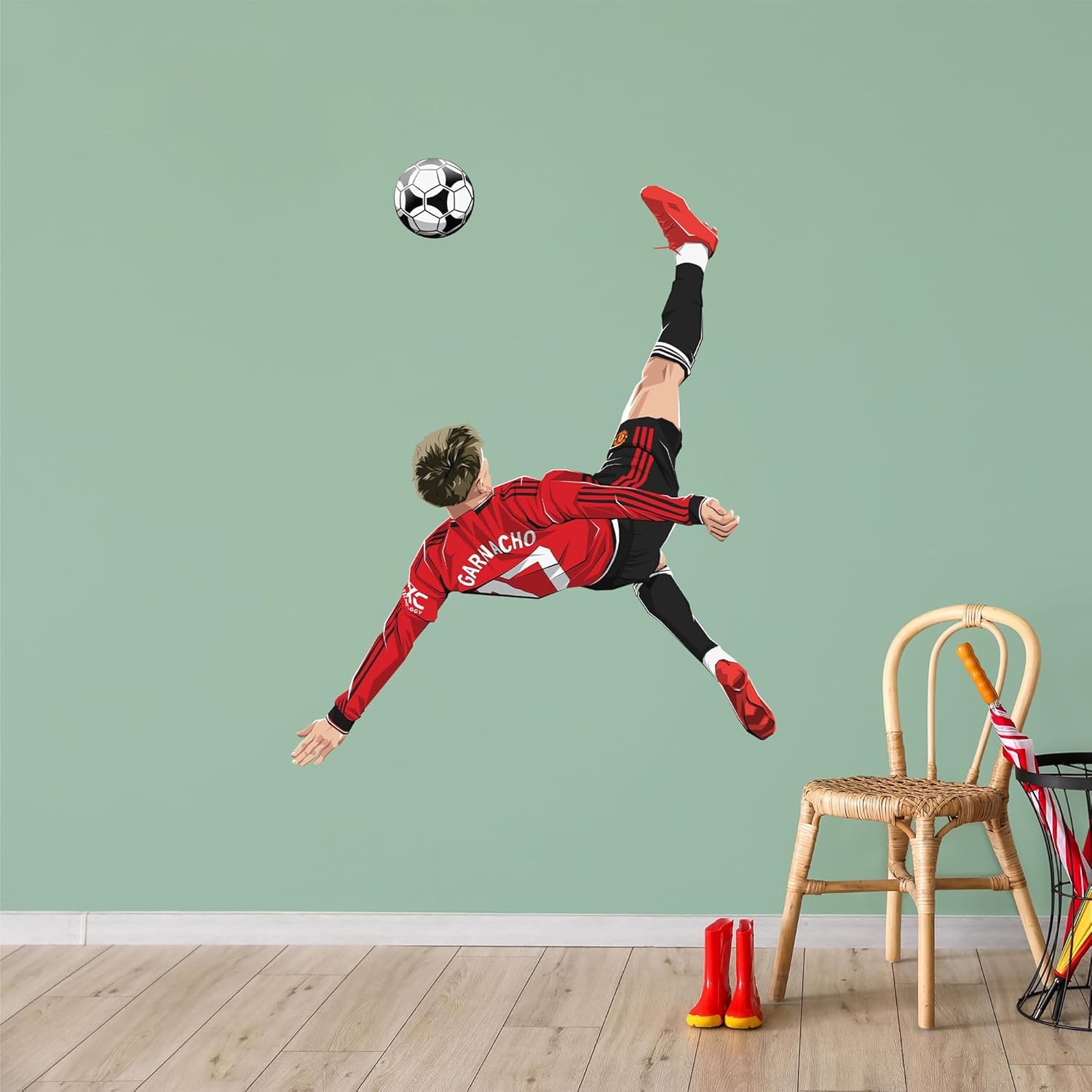 Themed Red Manchester United Fc Wall Sticker - Garnacho Overhead Kick Illustration Decal Art (60Cm Height X 45Cm Width)