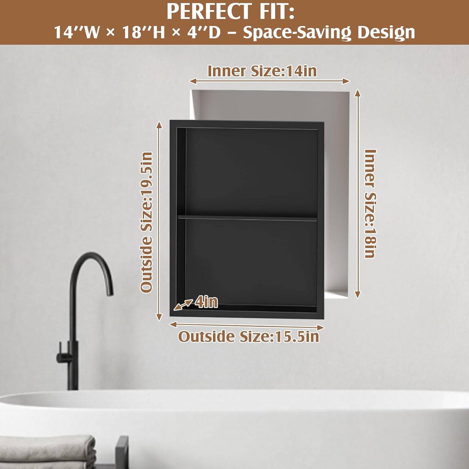 Sintuff 14" x 18" Recessed Medicine Cabinet Without Mirror 304 Stainless Steel Medicine Wall Niche with 2 Tier Shelf in Wall Shower Niche Insert Rustproof for Bathroom Storage Living Room, Matte Black