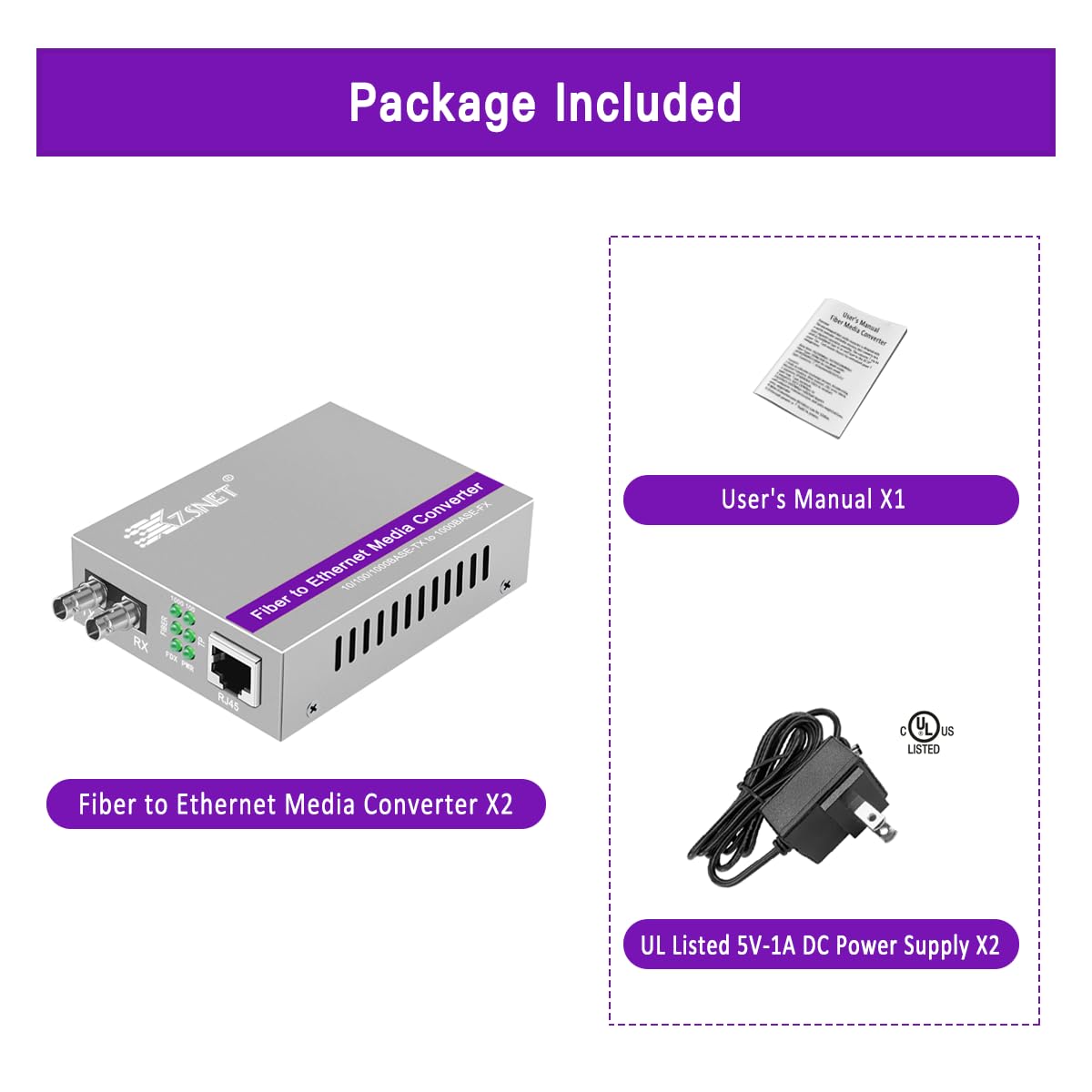 Un paio di convertitore Gigabit ST a RJ45, convertitore multimediale multimodale fibra a Ethernet (modulo integrato, 850 nm, 550 m), Plug & Play, compatibile 10/100/1000 BASE-T, negoziazione