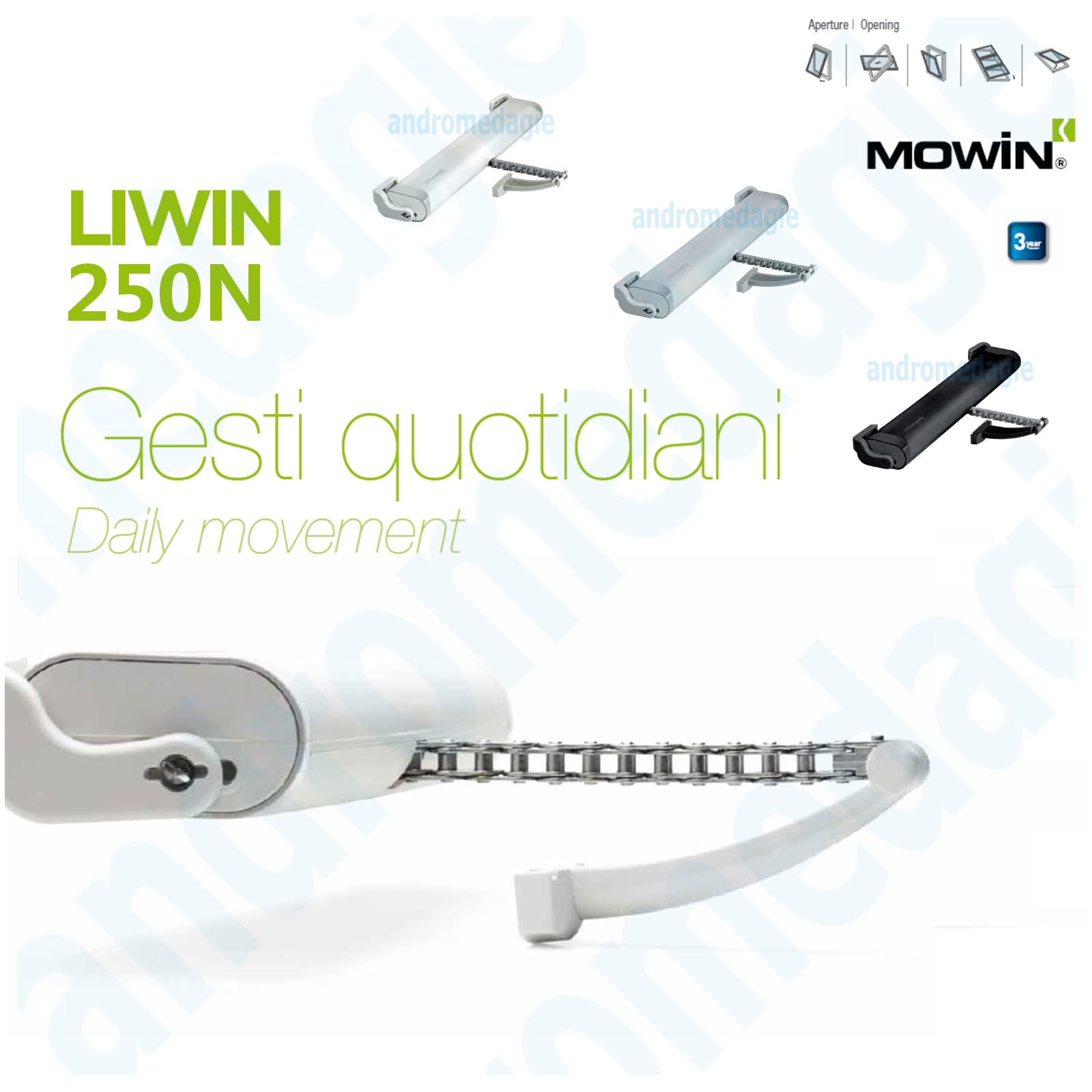 ANDROMEDAGIE LIWIN 250N 230V BLANCO | Actuador de cadena para ventanas | 250N | IP44 | 3 carreras ajustables | Soft Start/Stop | Communello Mowin Window Automation Technology