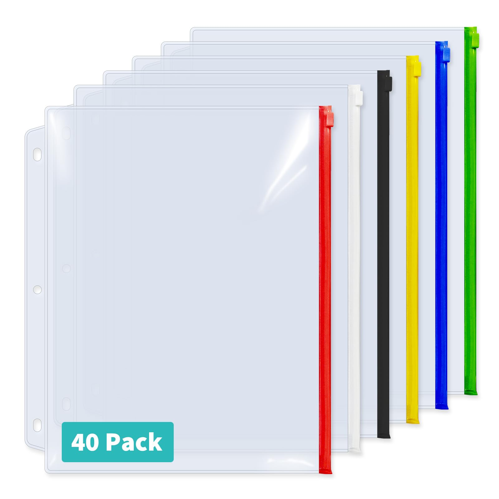 Snapklik.com : Binditek 40 Pack Plastic Zippered Binder Pockets, 3-Hole ...