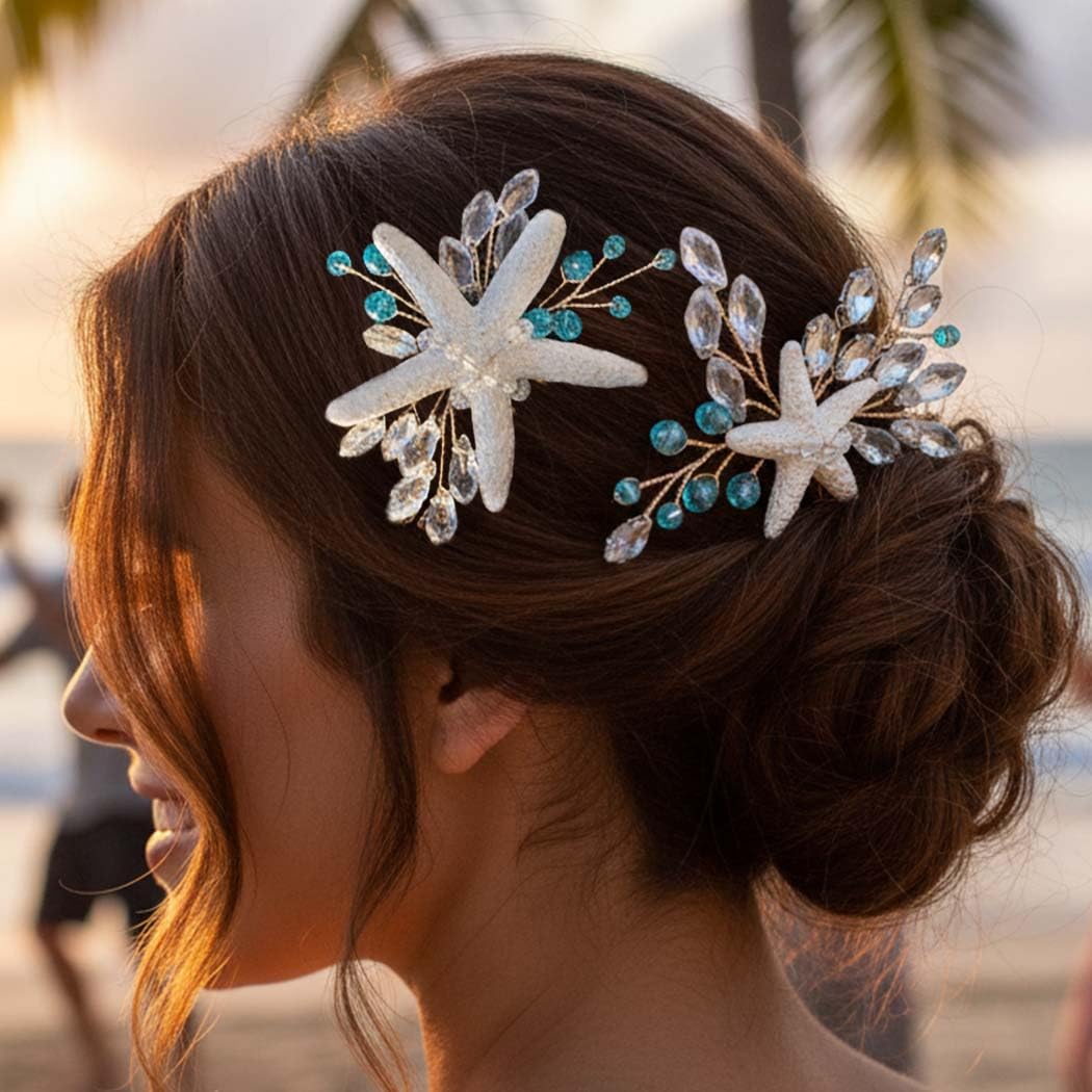 Unicra Gold Starfish Hair Pins Wedding Bridal Hair Pieces Rhinestone Mermaid Hair Accessories for Women and Brides (Pack of 2) - Image 3