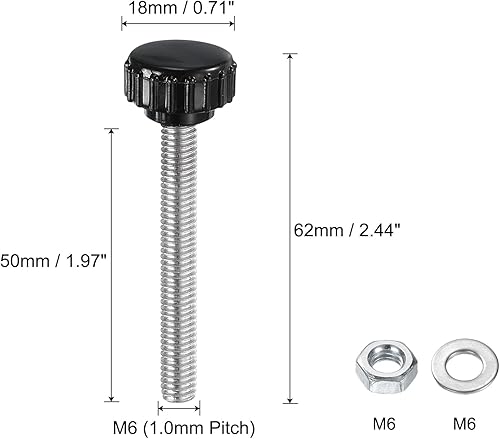 Miniatura 333 de uxcell Juego de 4 perillas moleteadas, tornillos de pulgar con tuercas y arandelas, rosca macho métrica M6 x 1.378 in, cabeza de plástico de 0.984