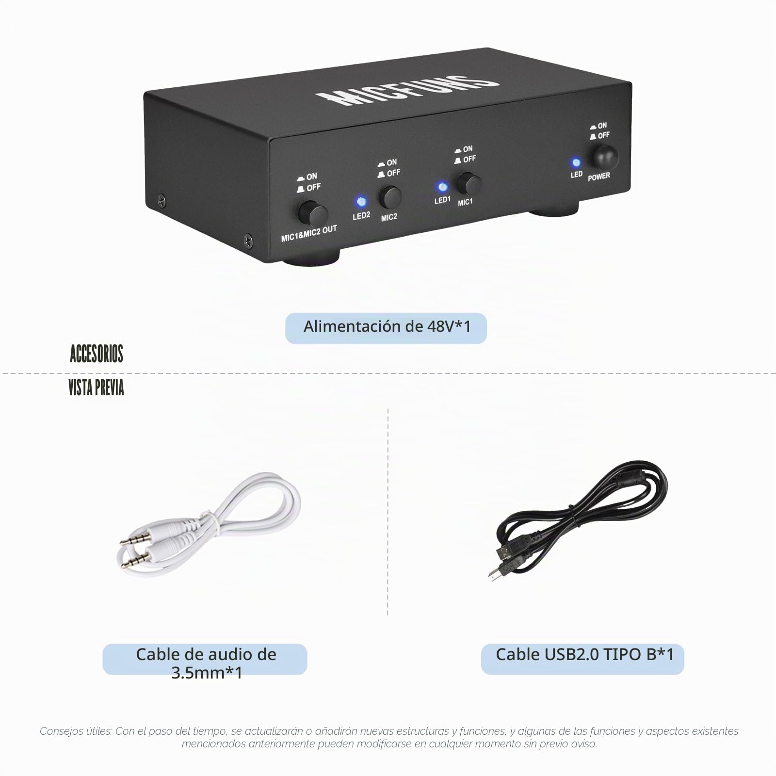MC2 - Fuente de alimentación Phantom 2 canales 48 V cable de audio 3,5 mm para interfaz de audio micrófono condensador equipo grabación música