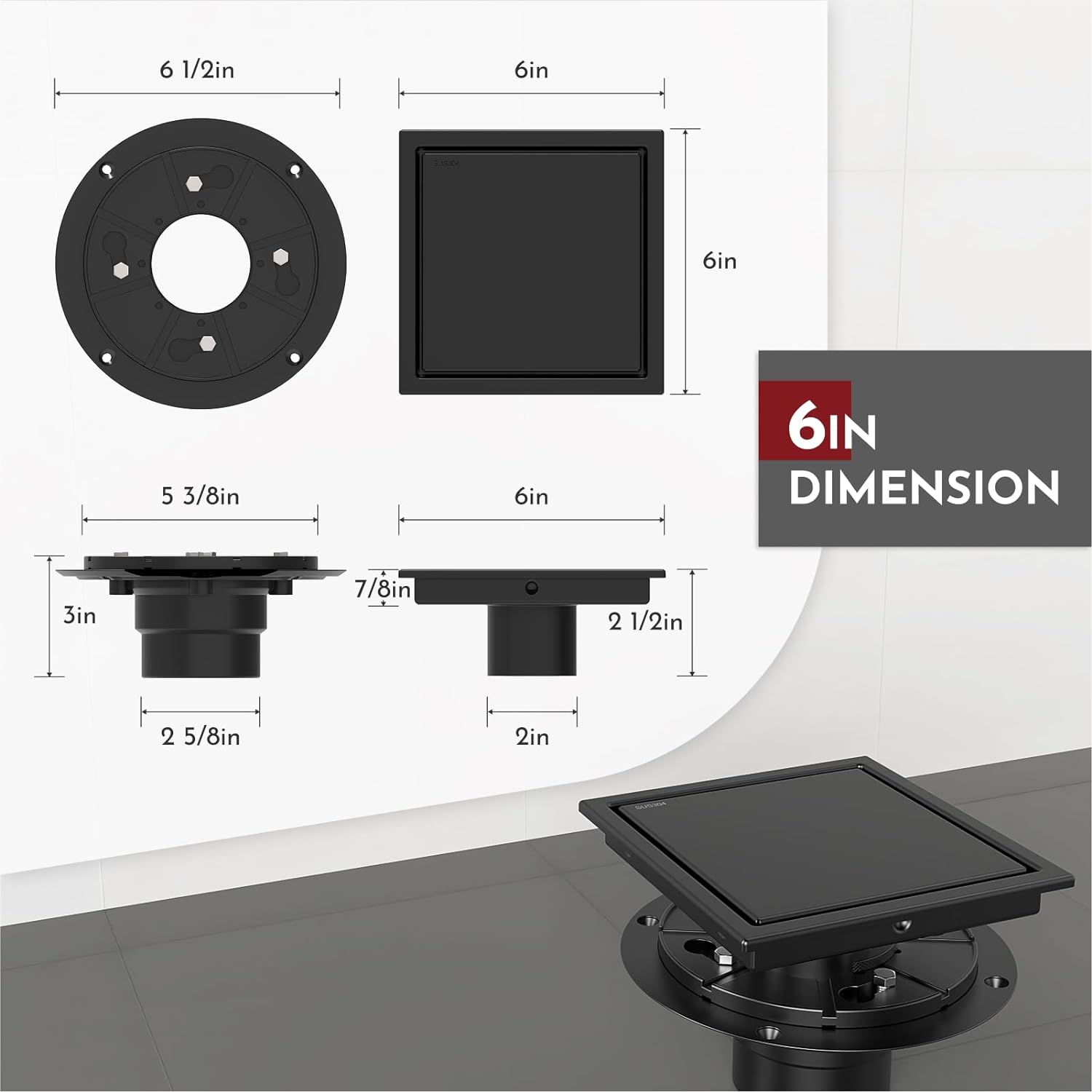WEBANG 6 Inch Square Shower Drain Black Floor Drain with Flange Reversible 2-in-1 Cover Tile Insert Grate Removable SUS304 Stainless Steel CUPC Certified Matte Black