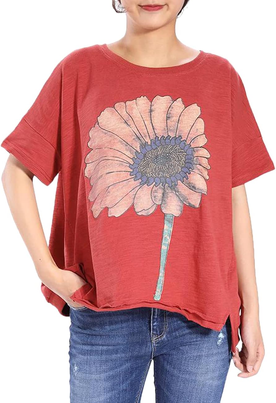 BUYKUD Cotton Animal Printing Short Sleeve Shirts Loose Casual T-Shirt