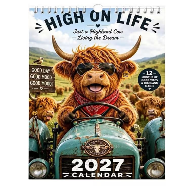 2027 Funny Highland Cow Wall Calendar - 12-Month Farmhouse Decor with Adorable Scottish Cow Photos Suitable for Home, Office, Kitchen