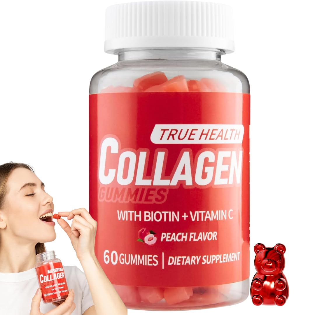 Collagen Gummies with Vitamin C and Biotin – Peach Flavored, Without Sugar or Gluten, Collagen Gummies for Women and Men – Multivitamins Supports Hair, Skin & Nails – 60 Units per Bottle