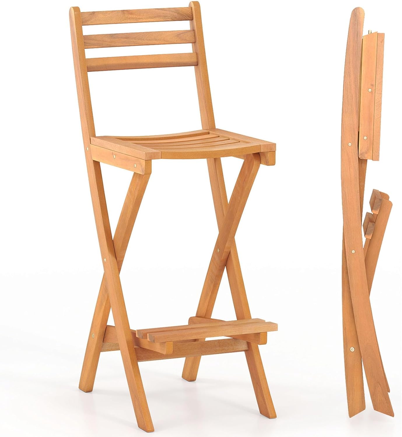 COSTWAY Outdoor Folding Bar Stool, Acacia Wood High Top Chairs with Slatted Backrest, Safety Lock, Space-Saving Patio Barstools for Backyard, Poolside, Garden, Balcony