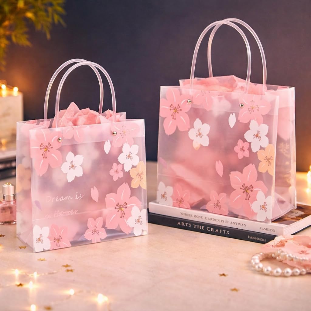 SATYAM KRAFT 4 Pcs Transparent Gift Bag with Floral Print & leather Handle | Gift Bag for Her/Him, Handle hamper bag, Carry Bags, shopping gift bag, Presents, Packing, Wedding Return Gifts, Birthday, Events, Festivals (24 cm x 22 cm)-image-31