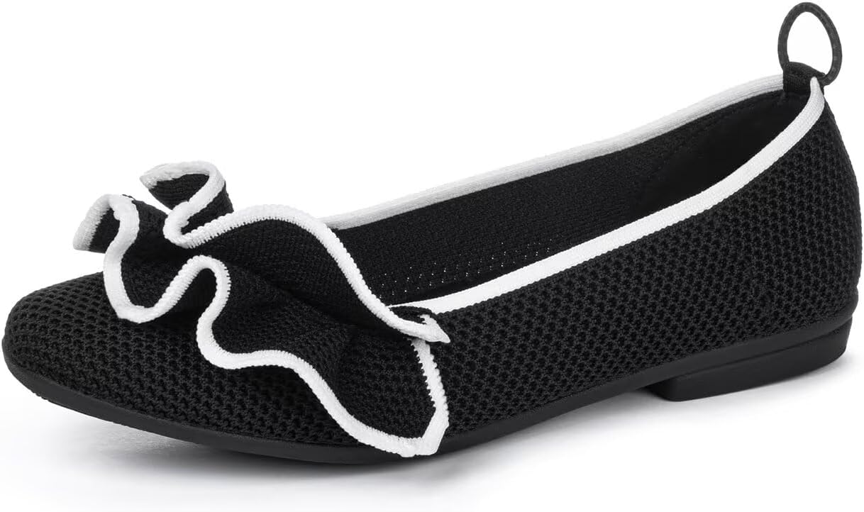 Women's Flats | Square Toe Ballet Flats | Comfortable Knit Ruffled Dressy Shoes for Women | Casual Office Work Slip-on Shoes