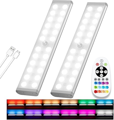 Miniatura 1 de 58 luces LED para debajo del gabinete, luz recargable con sensor de movimiento RGB para interiores con control remoto, paquete de 2 luces