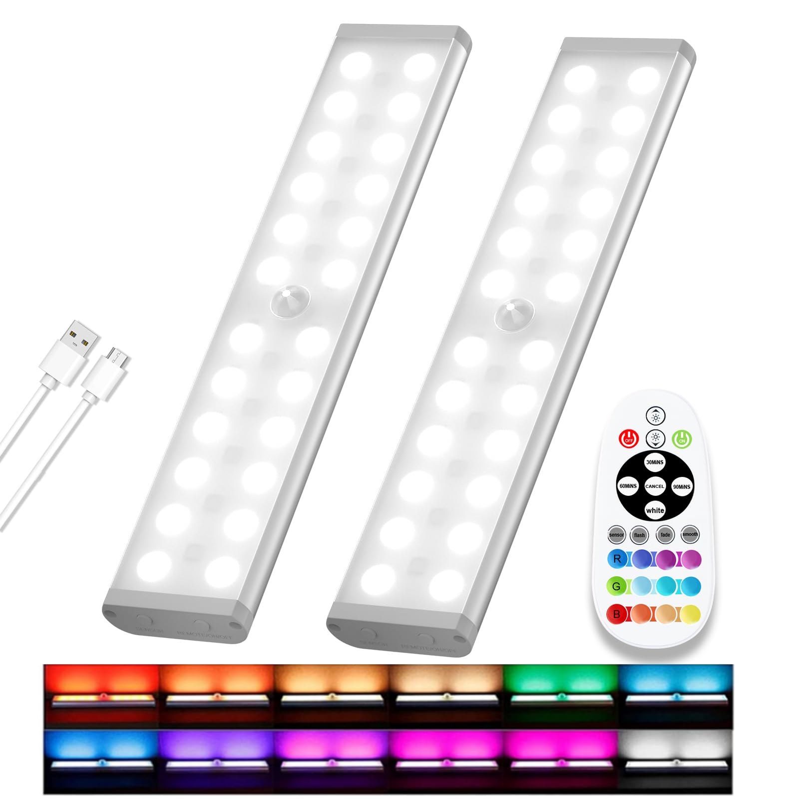 58 -LED Under Cabinet Lights, Rechargeable RGB Motion Sensor Light Indoor Night Lights with Remote Control, 2 Pack Wireless Under Counter Light for Kitchen, Wardrobe, Hallway, Stairs, 15 Colors