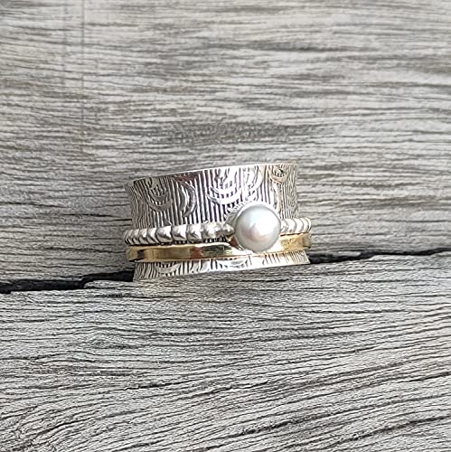 925 Pure Silver Spinner Ring, Worry Ring, Anxiety Ring, Thumb Ring, Sterling Silver Band, Gift for Her, Birthday Gift, Pearl Spinner Ring, Silver Band2