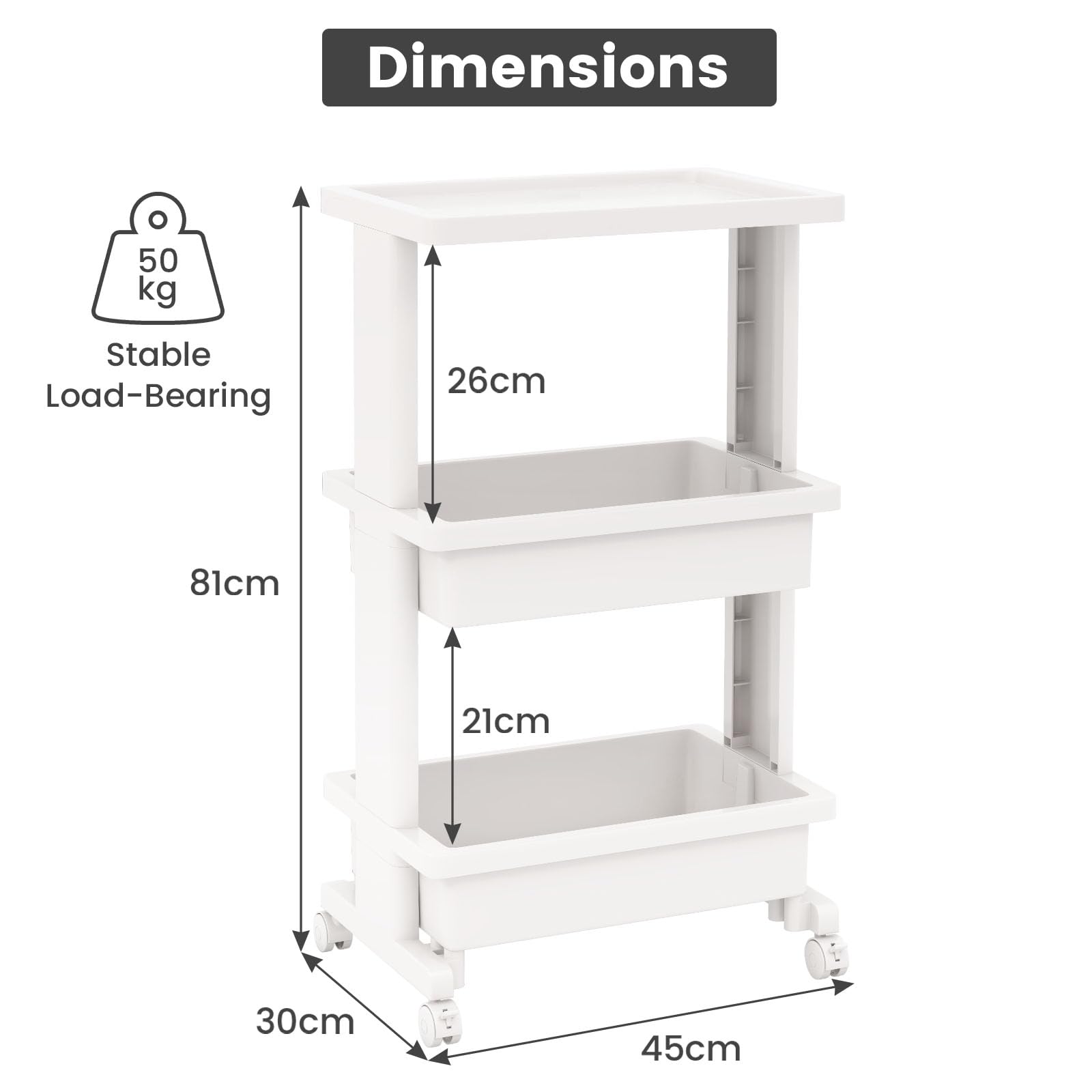 HOMASIS Carrello Cucina a 3 Livelli, Carrello Portaoggetti Salvaspazio in Plastica, Carrellino Scaffale con Ruote per Bagno, Trucco, Ufficio, 45 x 30 x 81 cm, Bianco