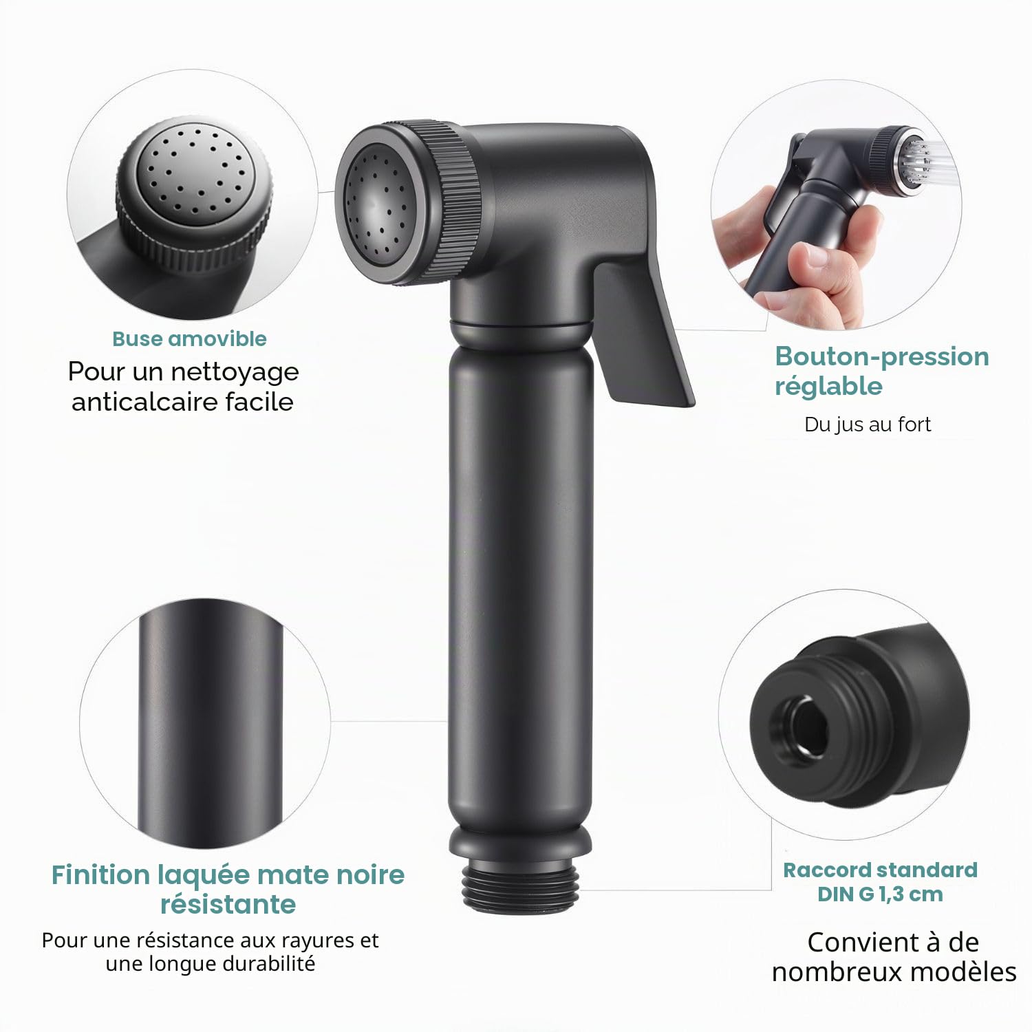 SOHO Douchette WC/Bidet Design Noir Mat – Kit Complet en Laiton Massif avec Robinet d’Arrêt Intégré, Support Mural et Flexible Métallique 120 cm – Utilisation Eau Froide