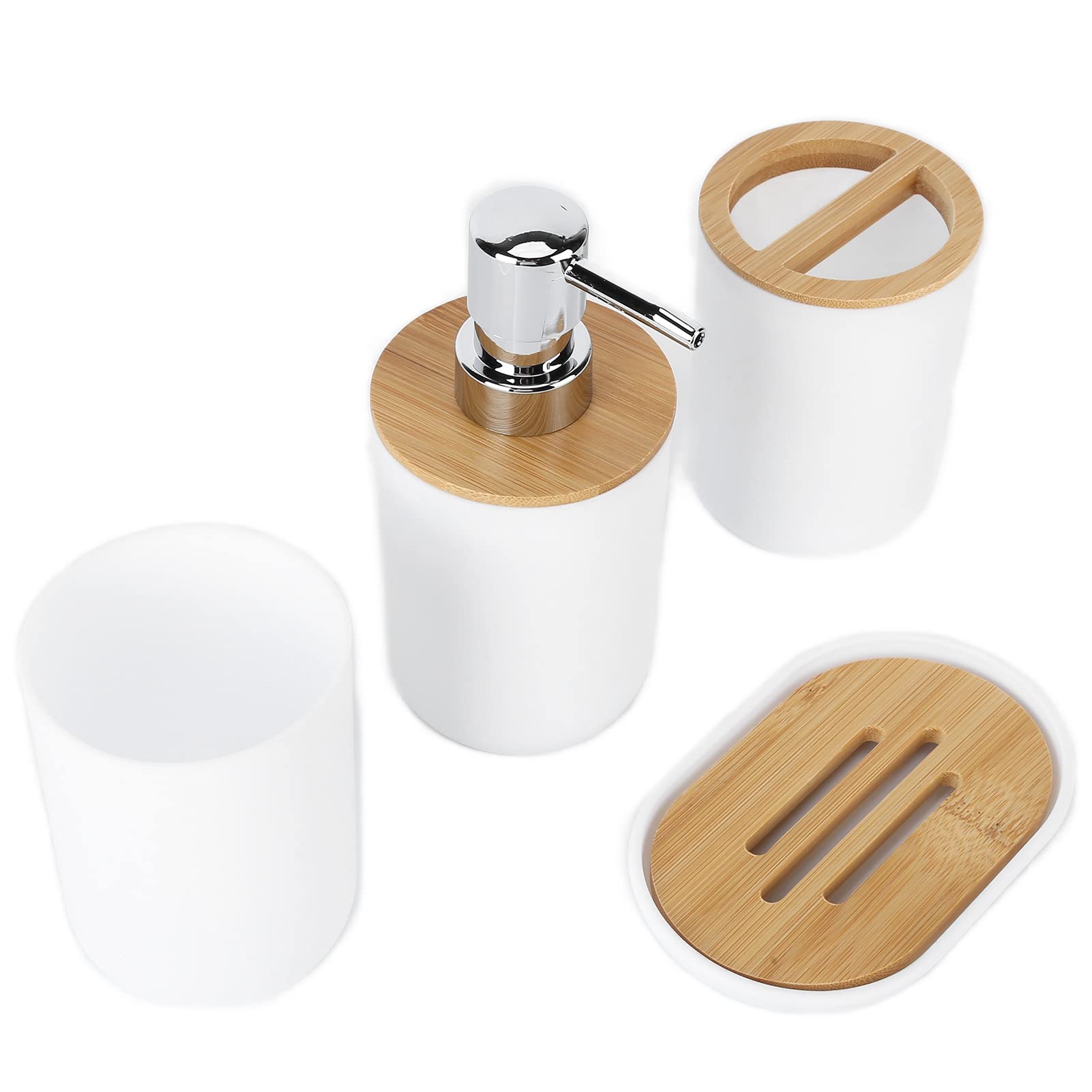 Set Accessori Bagno 4 Pezzi in Plastica Effetto Legno Bianco, Portaspazzolino Portasapone Dispenser Sapone e Tazza, Kit Portaoggetti Compatto per Bagno Casa Moderno