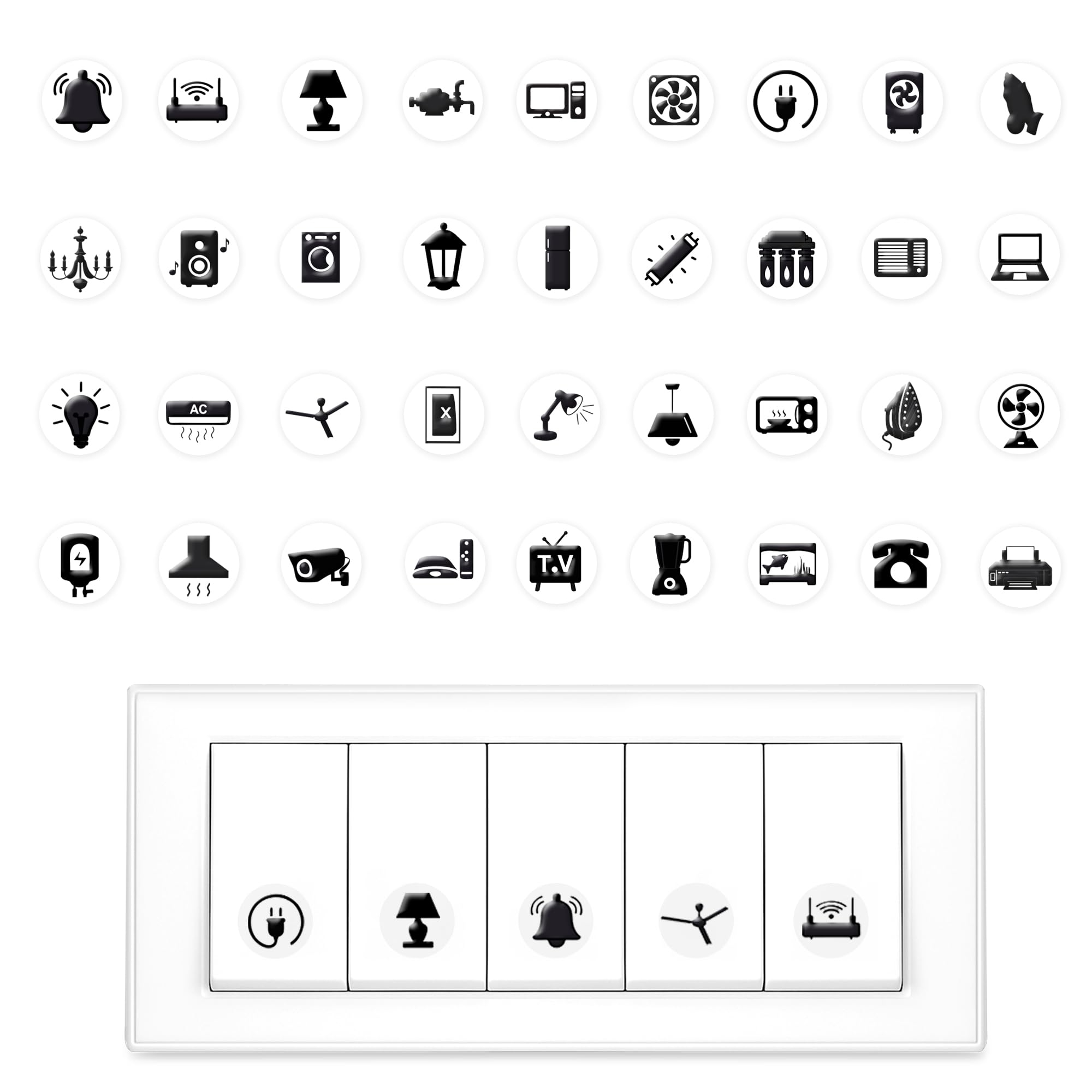 GLUN® Electric Board Switch Stickers, 38 Icons 600 Stickers Set Monochrome Colors, for All Types of Appliances or Machinery, Fan, Light, Fridge, AC, Switch Stickers