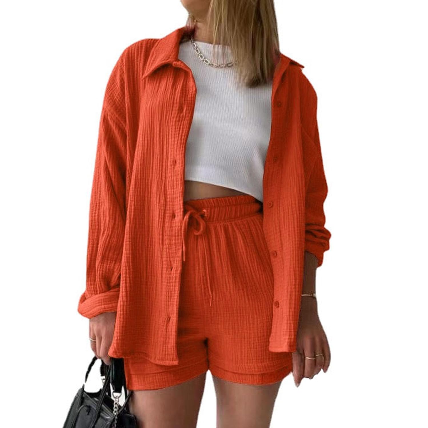 MSIYOW Conjuntos Mujer Verano 2 Piezas Camisa de Lino Manga Larga y Pantalones Cortos Chándal Casual