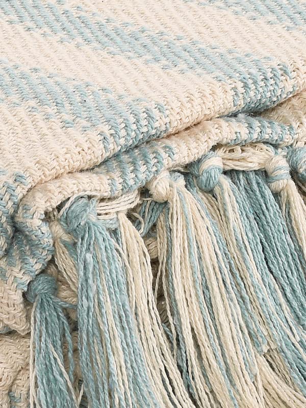 SASHAA WORLD Striped Sofa Throw Medium with Tasselled Edges (Ice Blue Striped, 180 x130 cm) 4