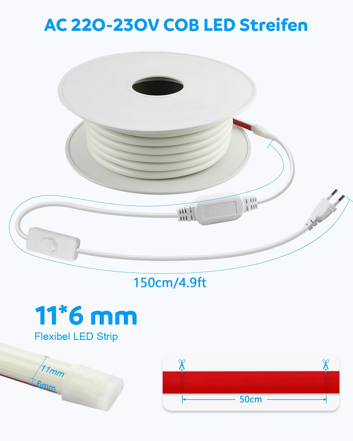 Aclorol COB LED Streifen Warmweiß 230V 15M 3000K LED Strip Wasserdicht IP67 | LED Band mit Schalter und 1,5M langes Anschlusskabel, Plug & Play, für Terrasse Garten Balkon Carport Außenbeleuchtung