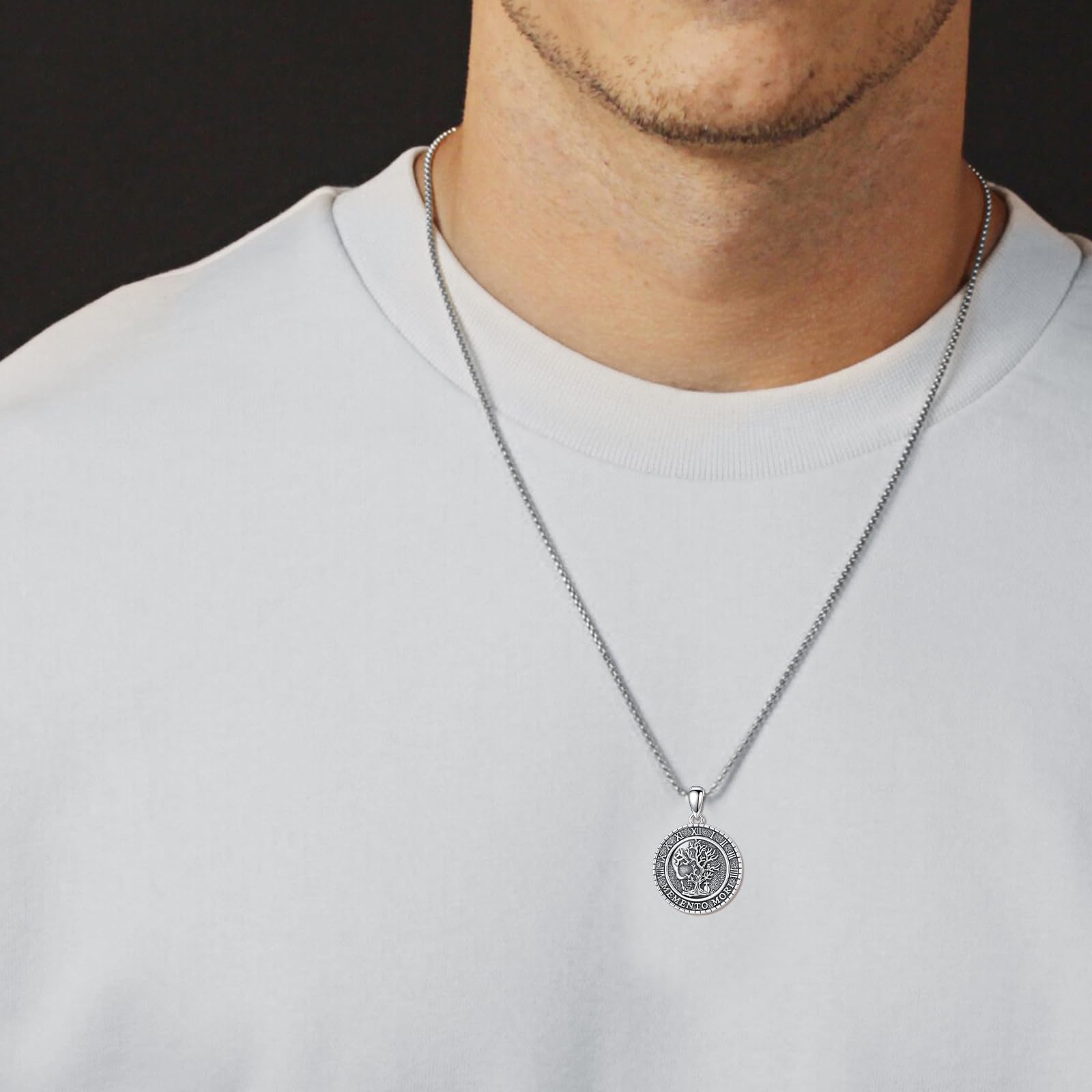 PROESS Memento Mori Kette für Männer 925 Sterling Silber Eule Memento Mori Anhänger Gothic Totenkopf Baum des Lebens Schmuck Geschenke