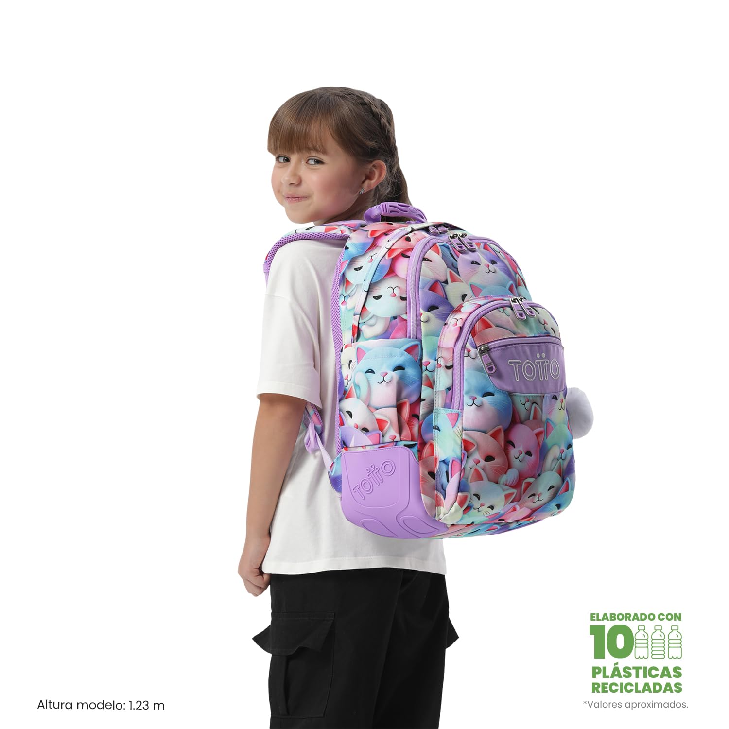 TOTTO - Mochila Escolar Grande, Modelo Rayol, Capacidad 19 L, 3 Compartimentos, 2 Bolsillos Botella, Bolsillo para PC 14", Espaldar Ergonómico con Flujo de Aire, Correas en S, Estampado Mewsy 3D