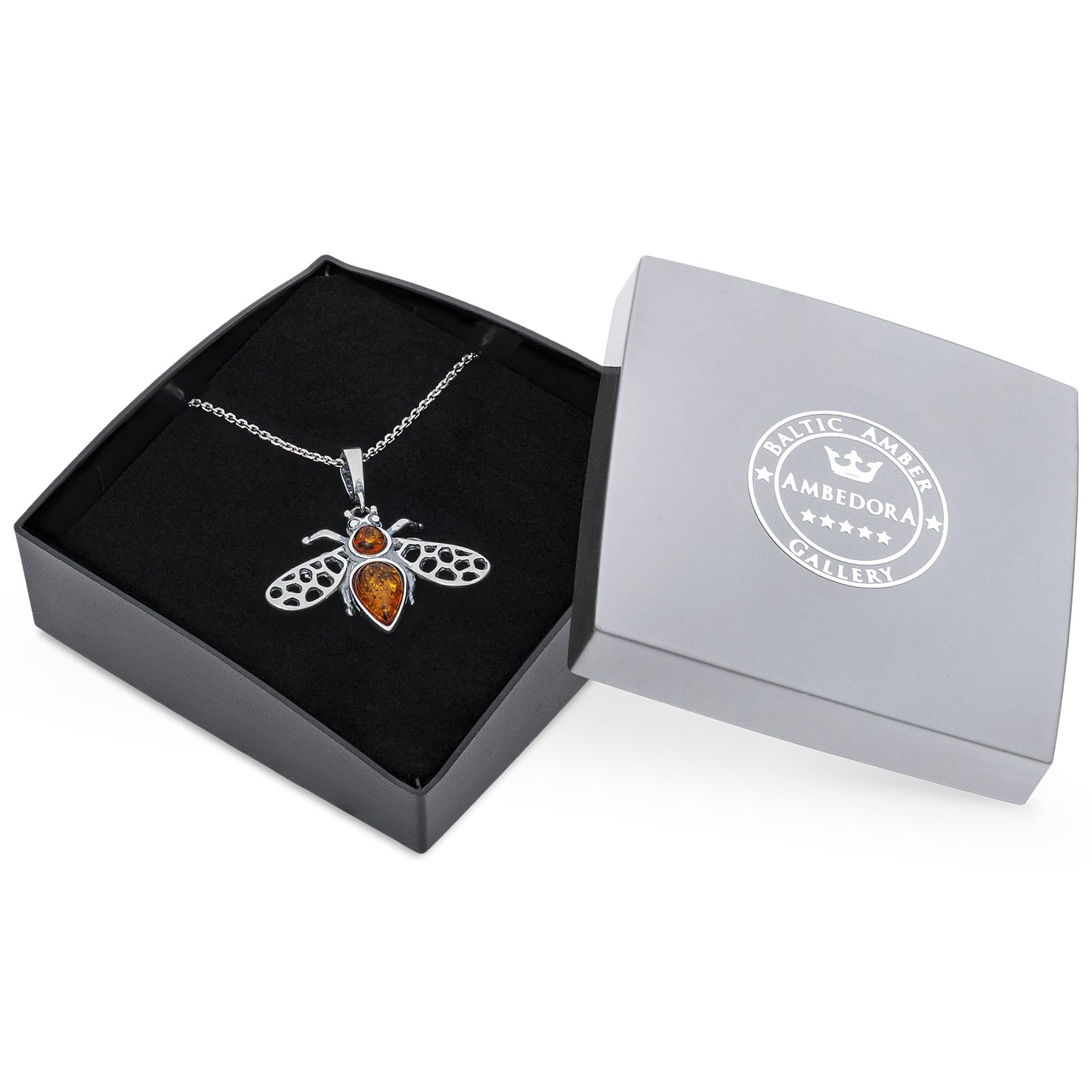 Collar de mujer Bee 2 con ámbar, plata de ley oxidada, ámbar báltico en color coñac, colgante de plata con cadena, Plata esterlina, Ámbar