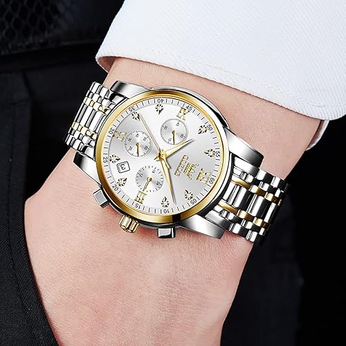 Miniatura 2 de OLEVS Reloj de acero inoxidable para hombre, reloj de cuarzo analógico de cara grande con fecha y día, reloj clásico impermeable para hombre (esfera