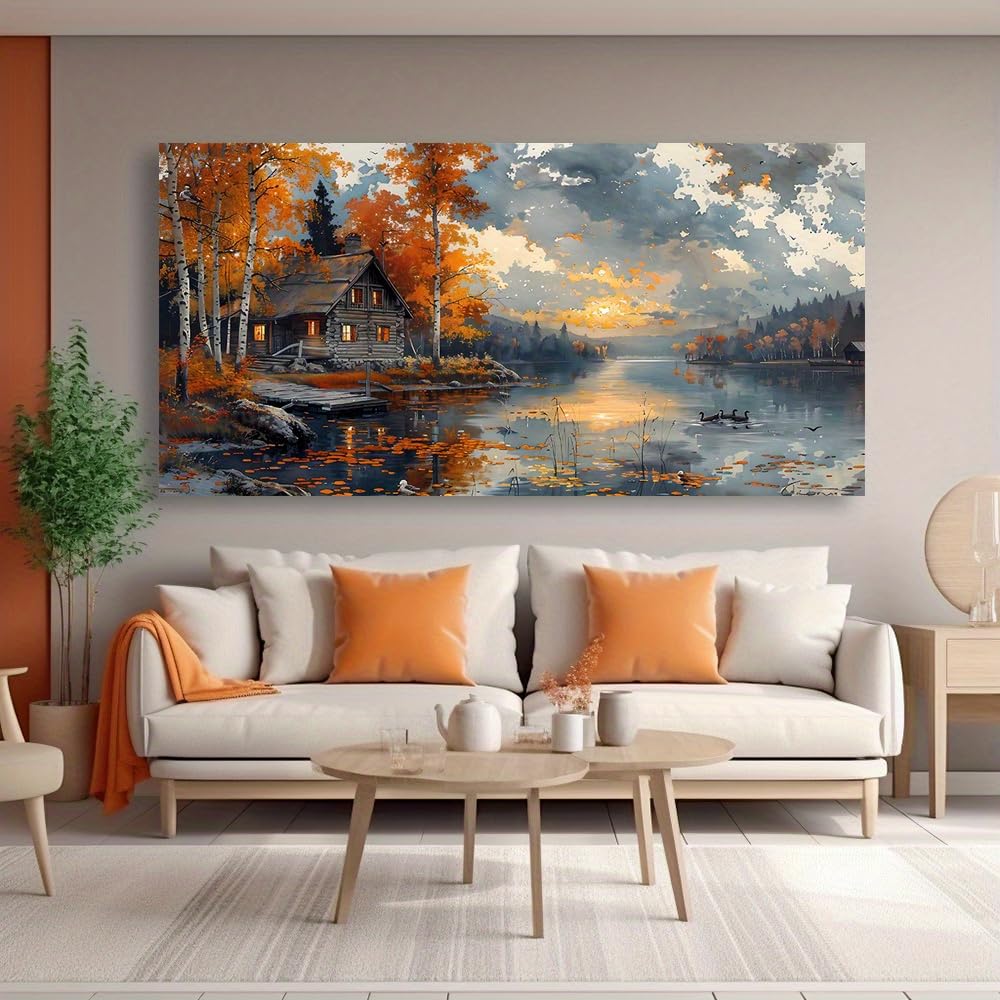 Tableau abstrait moderne cabane d'automne lac décoration salon - 8