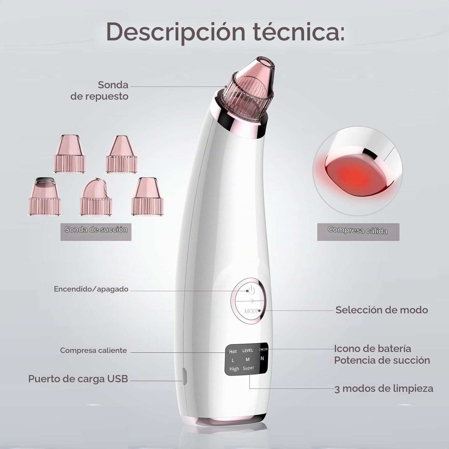 Annmiir Limpiador de Poros Succionador de Puntos Negros 5 modos de succión Limpiador Facial Blackhead Remover Extractor Puntos Negros USB Recargable con Pantalla LED 5 Cabezales Pulidores Faciales