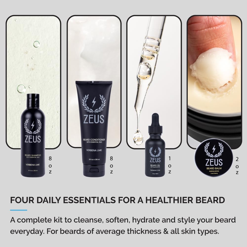ZEUS Everyday Beard Kit for Men, Facial Hair Shampoo, Conditioner, Oil, Balm & Tin Gift Box, Premium Beard Care & Grooming Set (Made in USA) Verbena Lime - Image 2