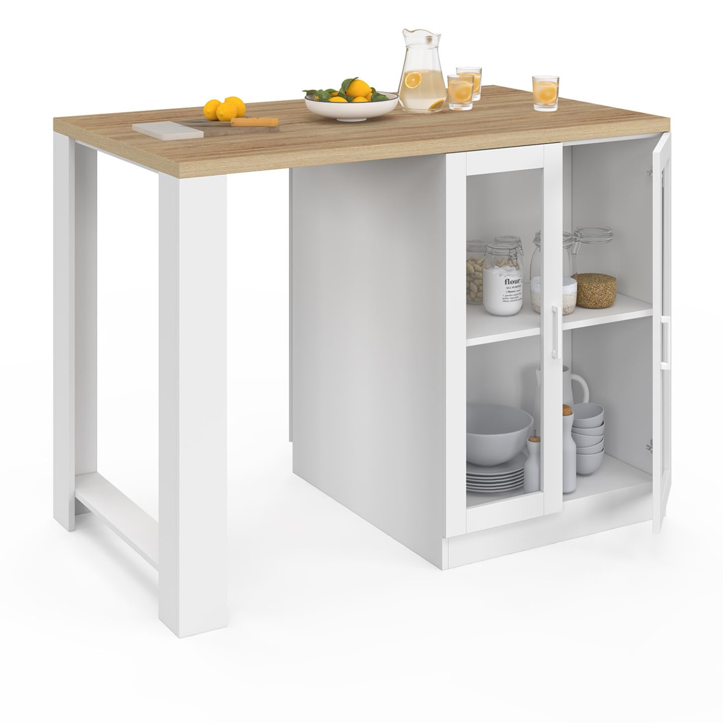 IDMarket - Ilot Central Lino 120 cm 2 Personnes Bois Blanc et Plan de Travail façon hêtre et Portes vitrées