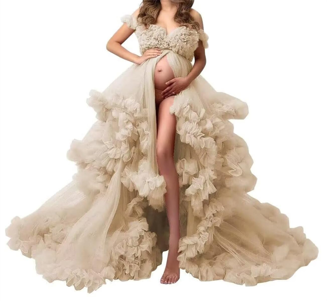 Tüll Robe Umstandskleider für Fotoshooting, lange Hochzeit, Braut, Schwangere Morgenmäntel, Übergröße