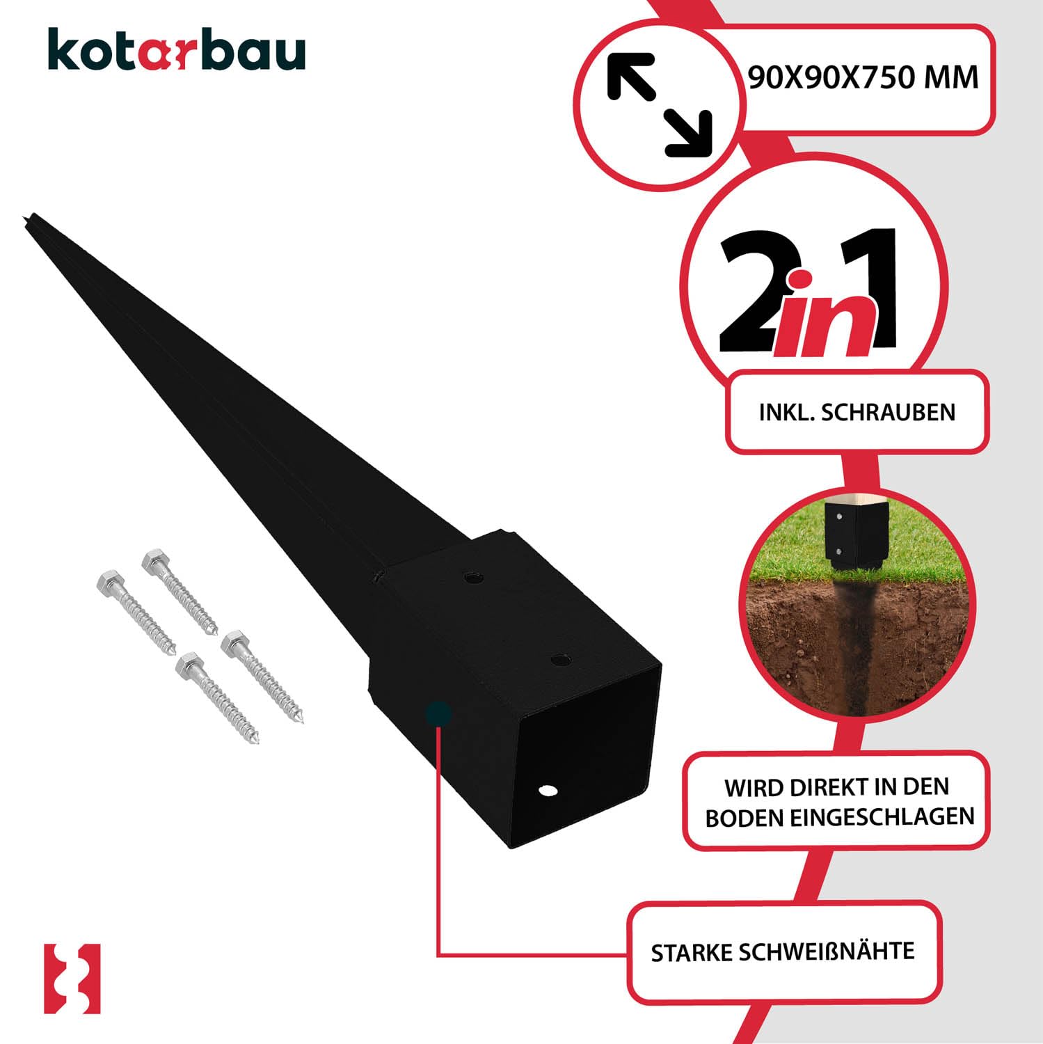 KOTARBAU® 4 soportes para postes para clavar, 91 x 91 x 750 mm, acero galvanizado con recubrimiento en polvo, anclajes para suelo, valla, valla de jardín, anclaje para suelo, manguitos de madera