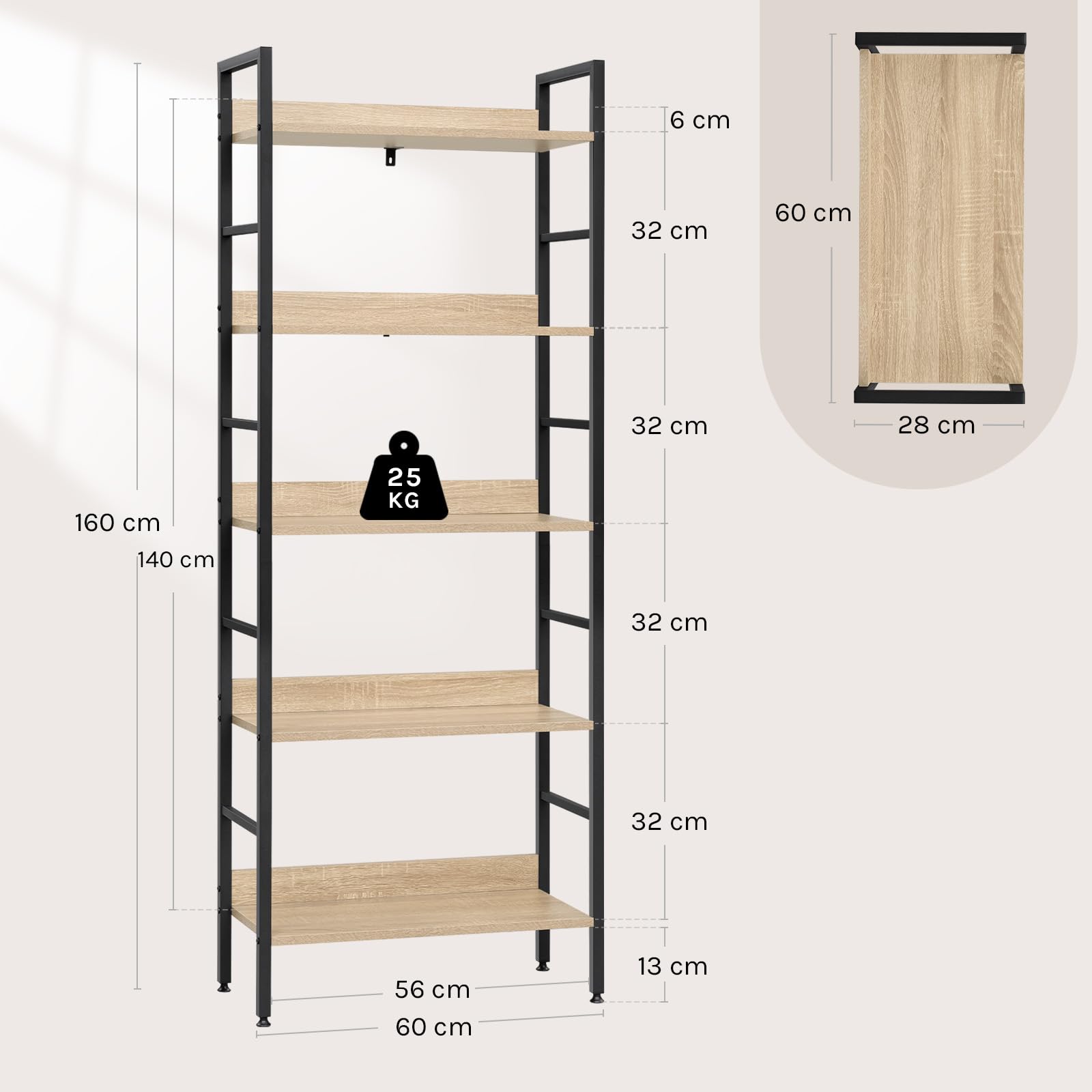 WOLTU Estantería de Pie, Librería 5 Estantes, Estanteria Almacenaje para Salon/Dormitorio/Cocina, 60x27,5x160 cm, Marco Metalico,Negro + Roble Claro